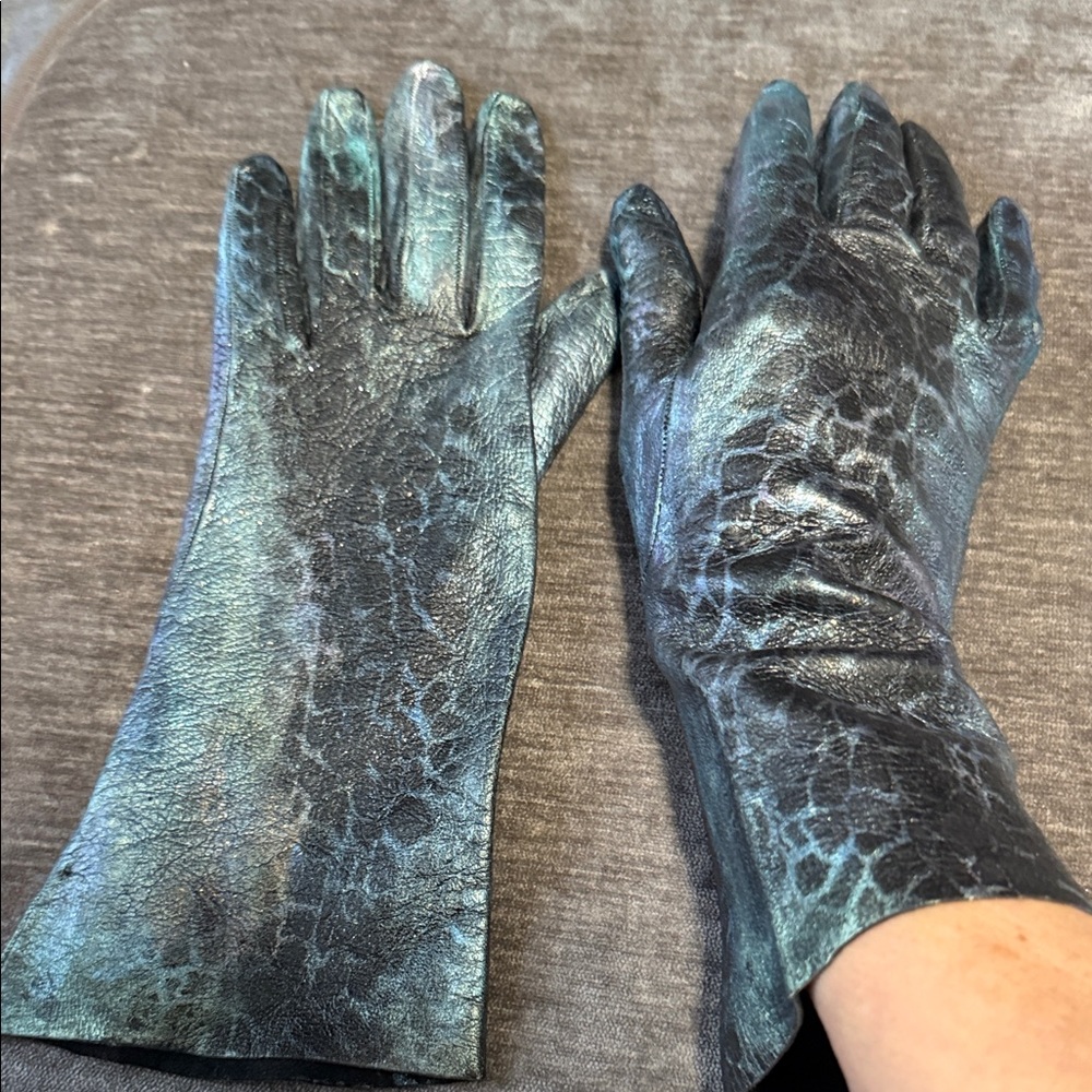 Elegant Vintage Black and Blue  Reptile Handling  Hand Printed Gloves